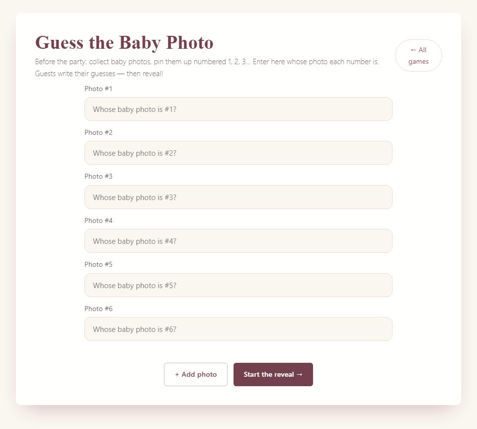 The Baby Photo host setup records names against consecutive photo numbers. Photos are displayed separately; this tool does not upload them.