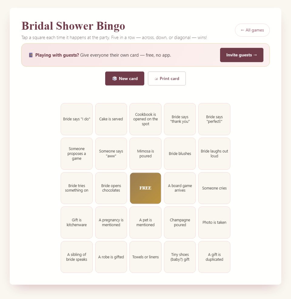 An example randomized browser Bingo card. Each guest needs their own card. The paid 60-card PDF is a separate product.