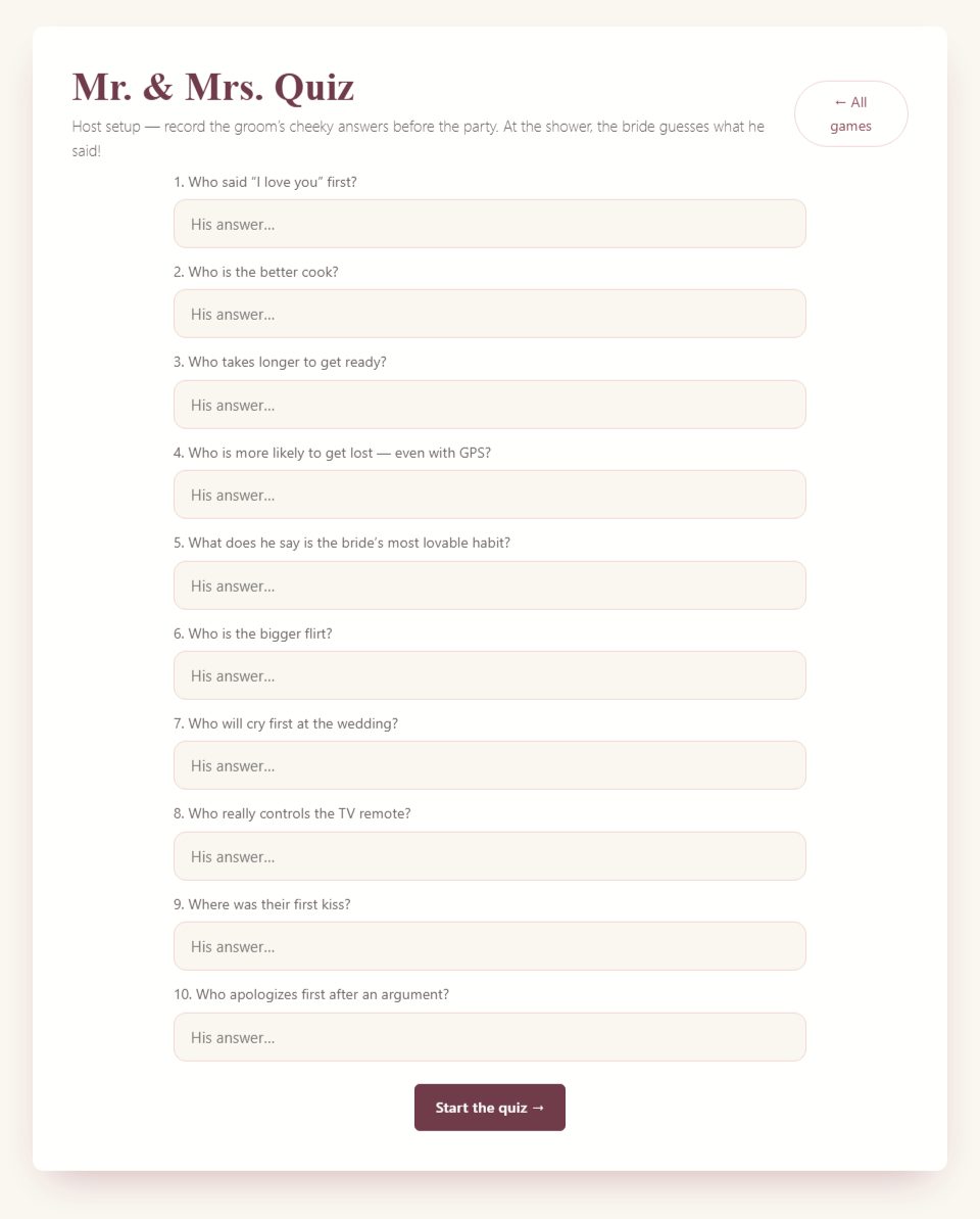 The Mr and Mrs host setup screen. Enter answers privately before the shower; keep this screen out of view until setup is complete.