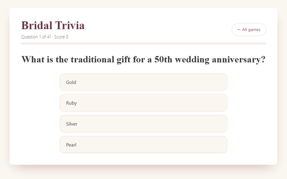 A question in the free Bridal Trivia game. The browser scores the selected answers; hosts keep separate team totals.