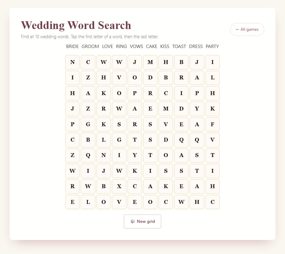 The free Wedding Word Search grid. Select a word’s first and last letters; there is no built-in countdown.