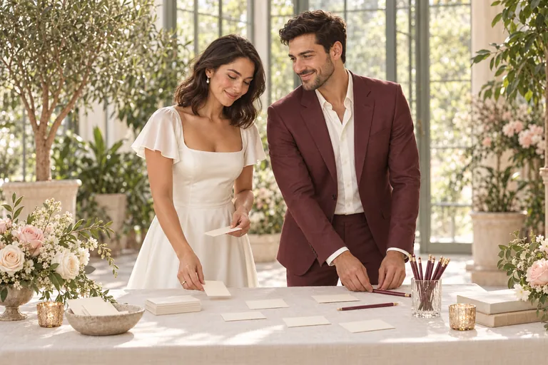 The bride and groom lay out blank game cards and pencils on a table in a bright conservatory before guests arrive
