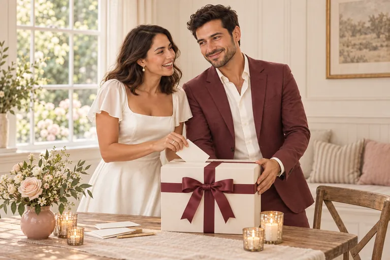 The bride slips a written card into a ribbon-tied keepsake box while the groom holds it steady in a cottage dining nook