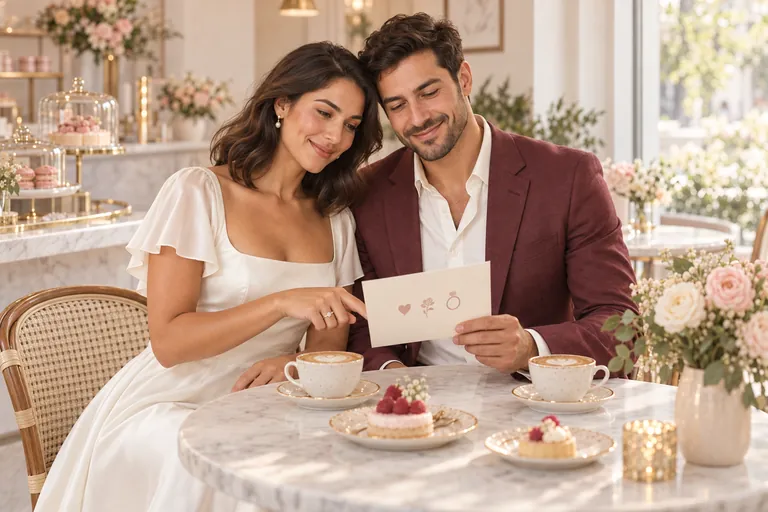 The bride points at a picture-puzzle card showing a heart, flower and ring while the groom smiles beside her at a cafe table