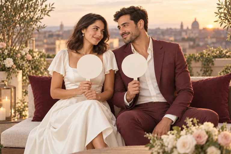 The bride and groom laugh as they turn to each other holding up blank answer paddles on a rooftop at sunset