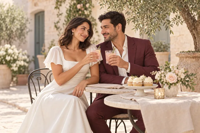 The bride and groom pause for pink lemonade and cupcakes at a table in a sunny stone courtyard