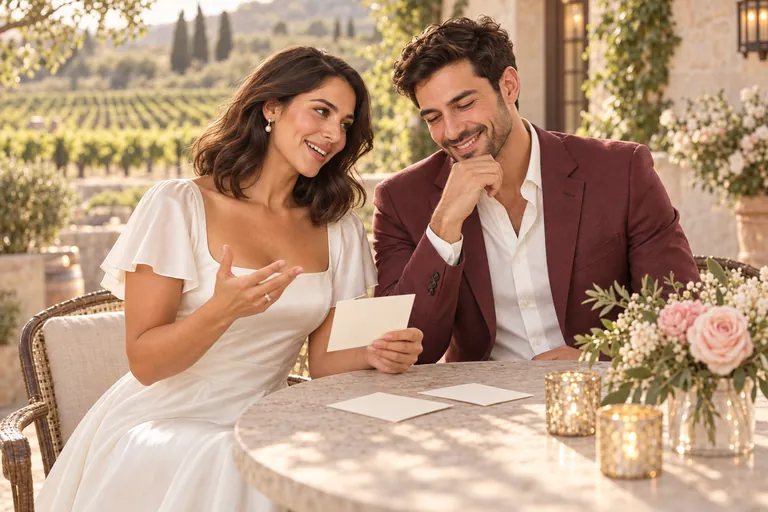 The bride tells a story holding a blank card while the groom laughs beside her in a vineyard courtyard