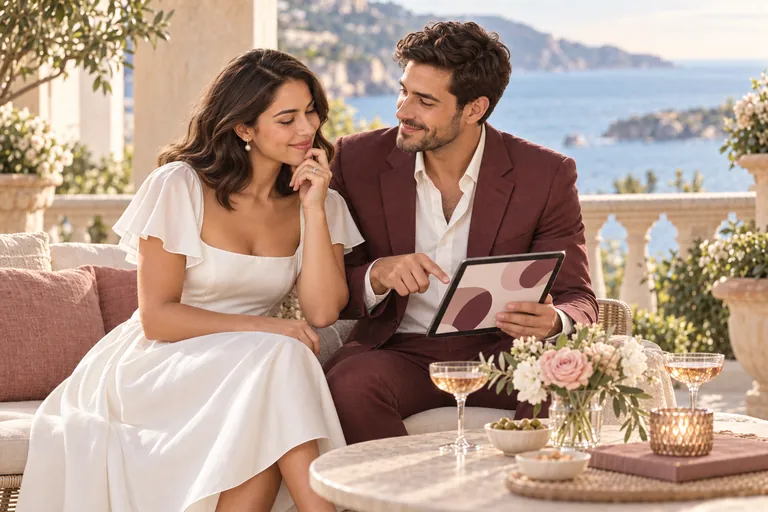 The bride and groom play a quiz together on a tablet on a seaside terrace, she thinking over an answer as he points at the screen