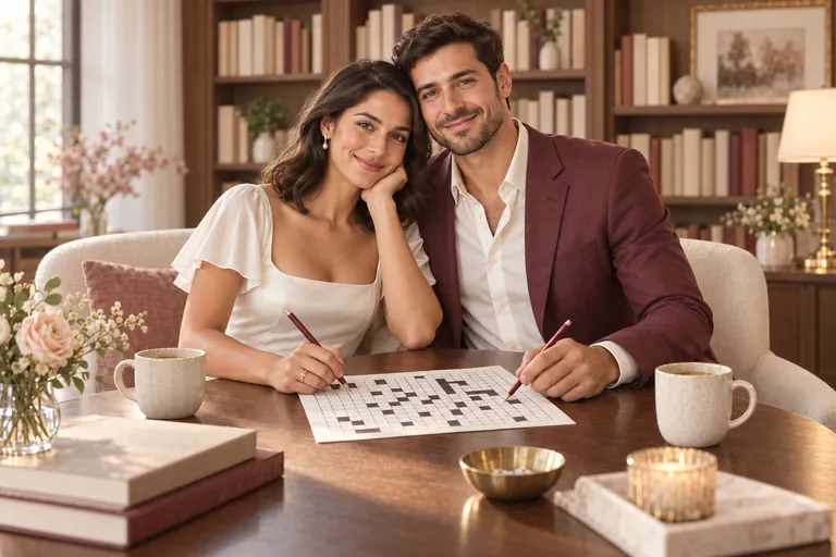 The bride and groom work through a blank grid word puzzle with a pencil at a small table in a cozy library lounge
