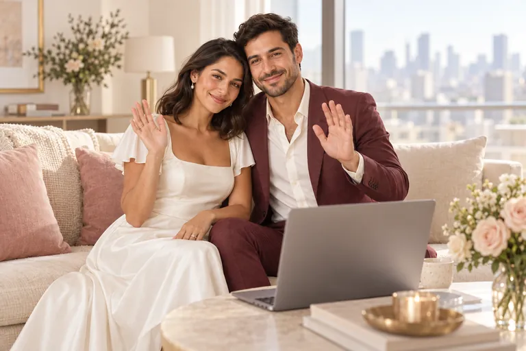 The bride and groom wave hello to guests on a laptop video call from a bright apartment lounge